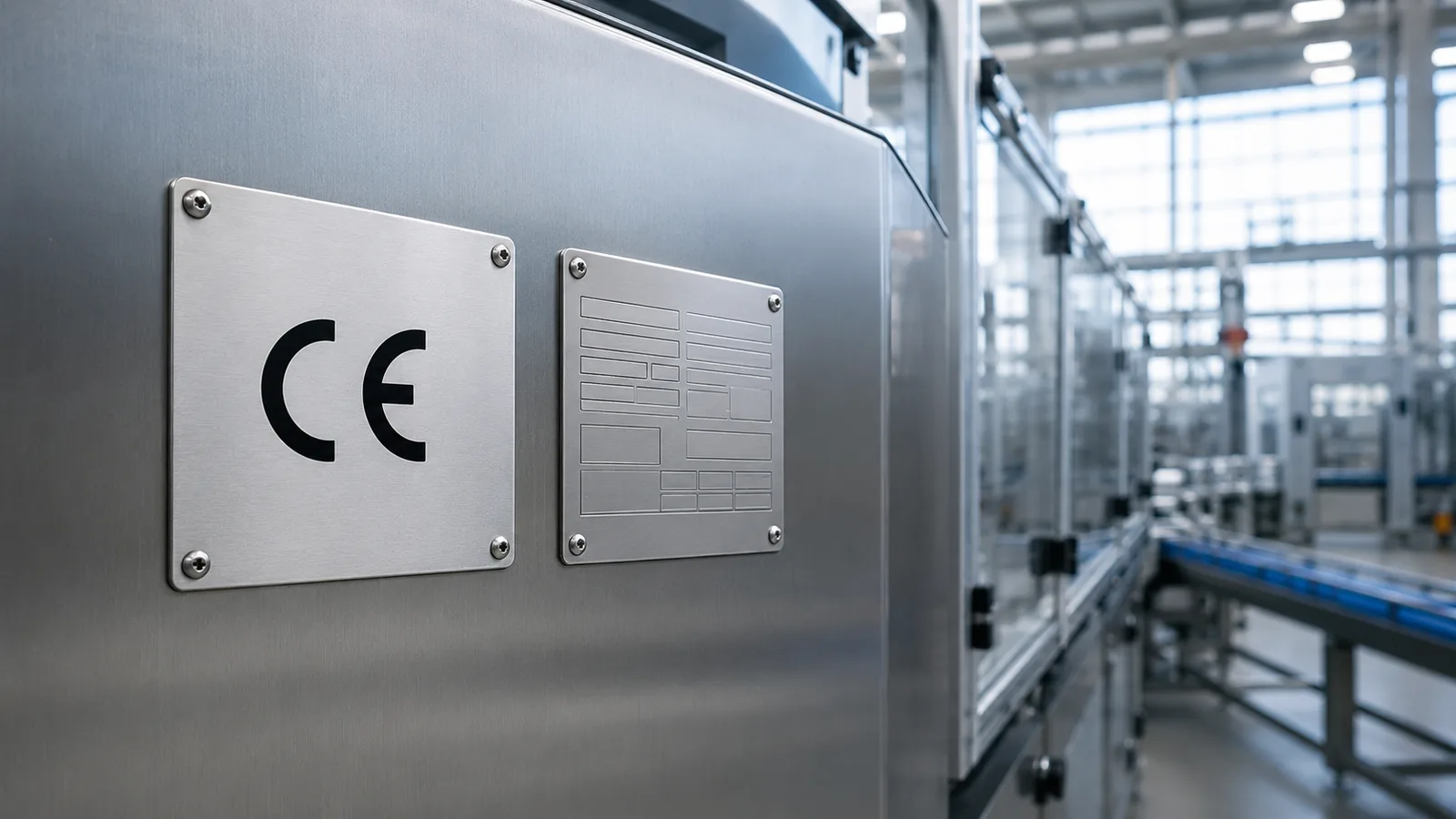 CE-Plakette und Typenschild nebeneinander am Gehäuse einer Industriemaschine, dahinter eine Fertigungslinie