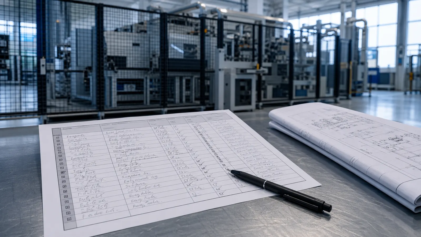Ausgedrucktes Risikobeurteilungs-Formular mit Spalten und nummerierten Zeilen auf einem Werkstatttisch, daneben ein Stift