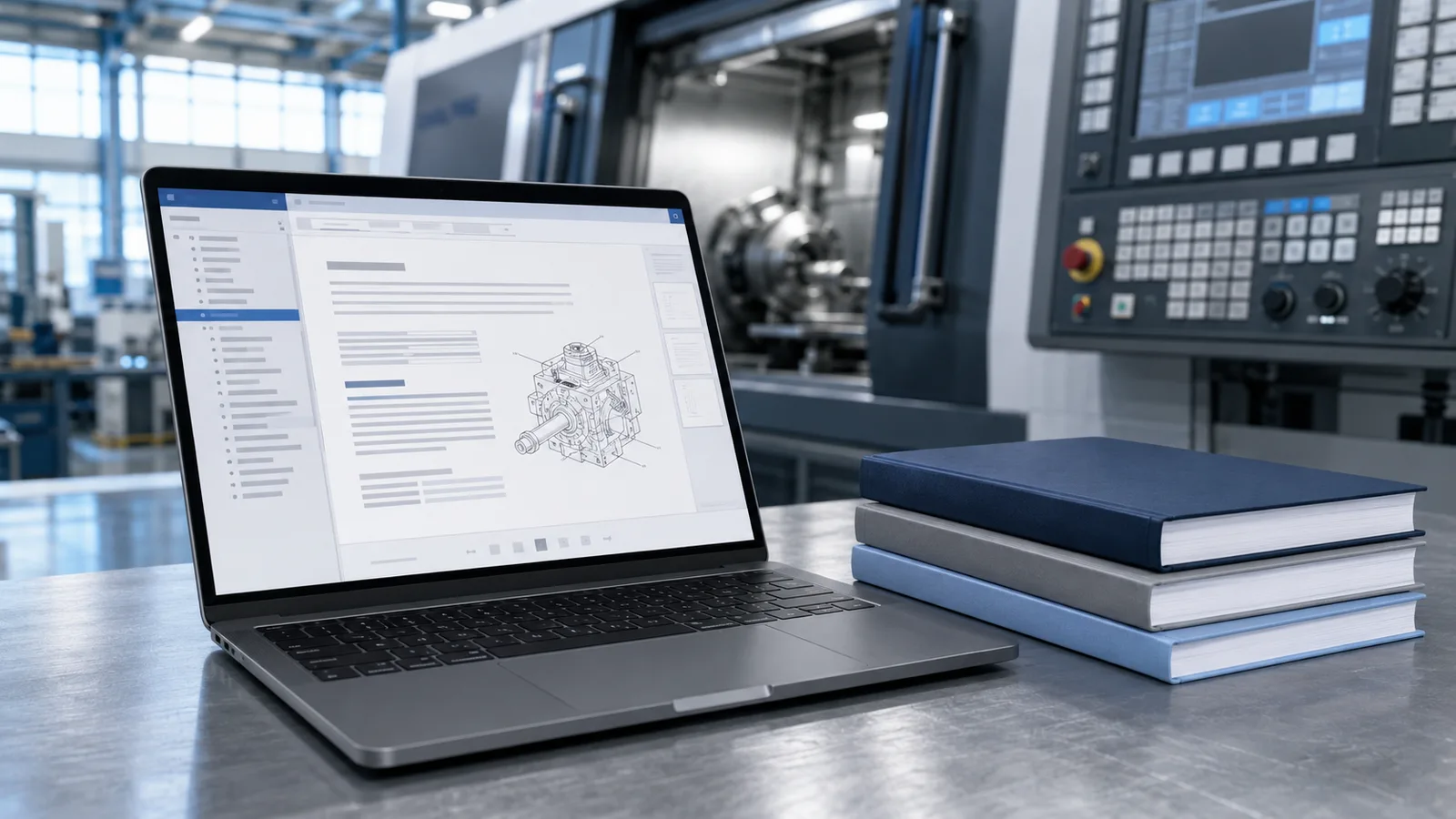Laptop auf einer Werkbank zeigt ein strukturiertes technisches Dokument mit Zeichnung, daneben gebundene Unterlagen, im Hintergrund eine CNC-Maschine